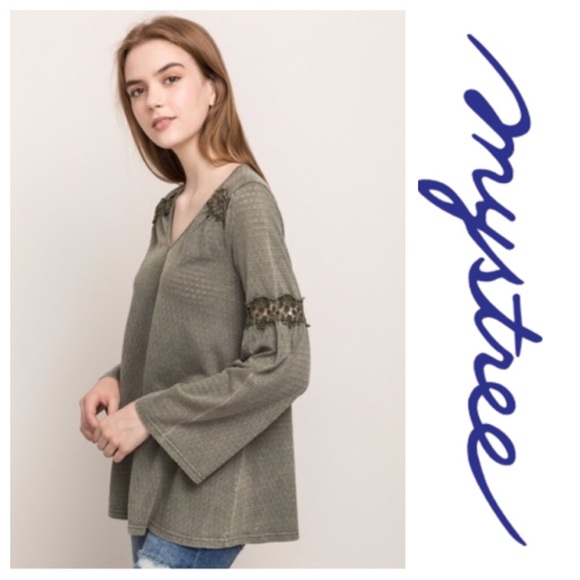 Garment Washed Bell Sleeved Top Sage Green - Picture 3 of 8